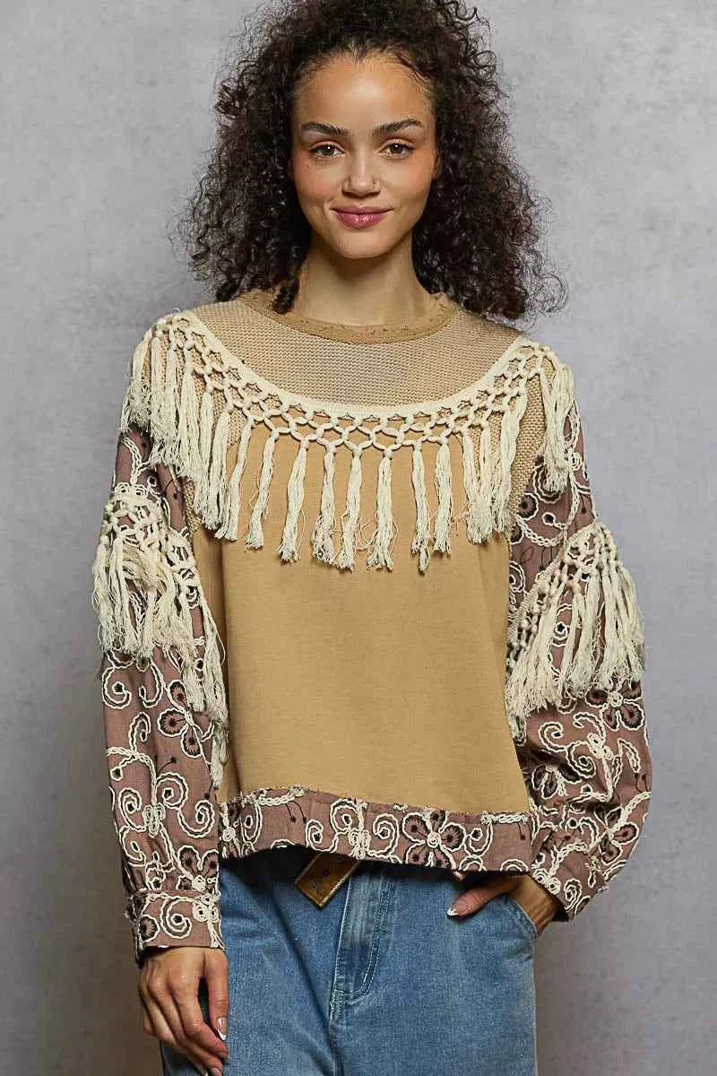 Contrast Floral Embroidery Balloon Sleeve Top with Tassel Trim MOCHA CAKE ee78cc09-c65b-44aa-a043-43c1582c35f0-Max-Origin