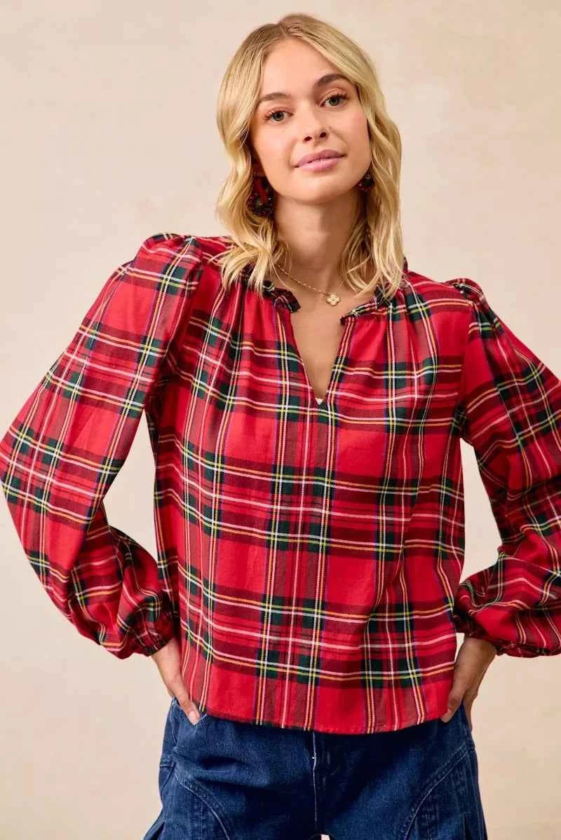 Christmas Plaid Balloon Sleeves Ruffled V-Neck Top ee80679ab76f485e9c1ac99f35cdee1e-Max-Origin