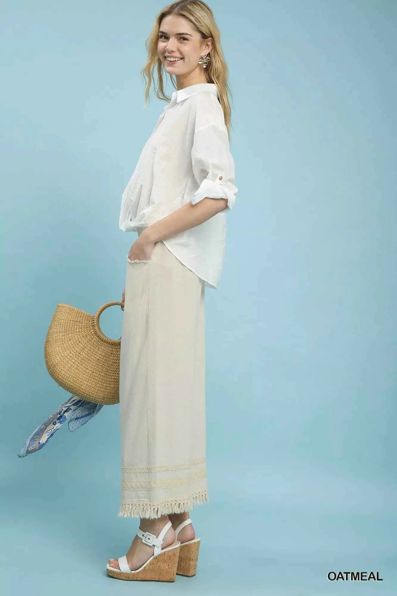 Umgee Lace Trim Fringe Hem Wide Leg Pants ee82b3fb-930a-41c1-8b5e-59cf5d26f0ff-Max-Origin