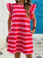 Striped Ruffle Sleeve Casual Summer Dress Red ee841ed40e5341bb8ef6bbd5c019a8de-Max-Origin