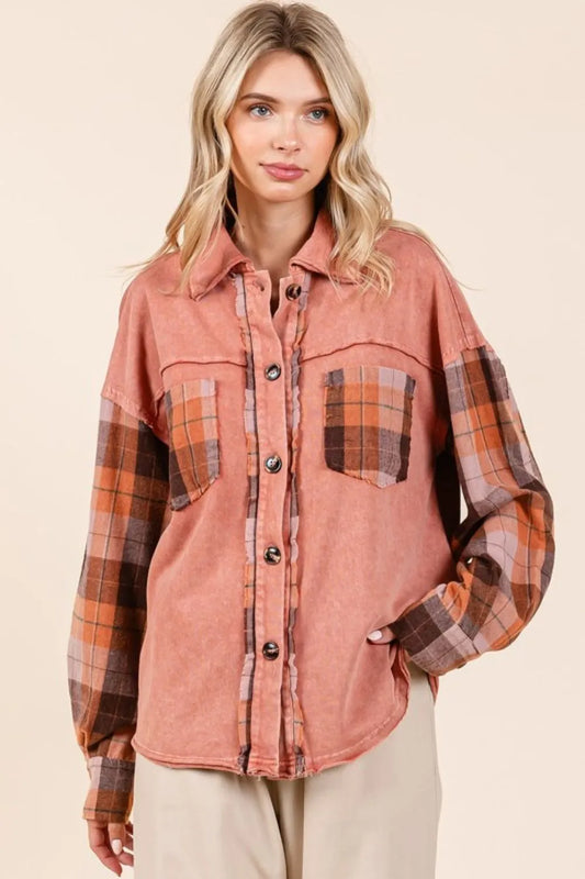 Button Down Contrast Plaid Patchwork Shacket ee845cb1-3d3a-4160-9b44-fa2a7581f5cd-Max