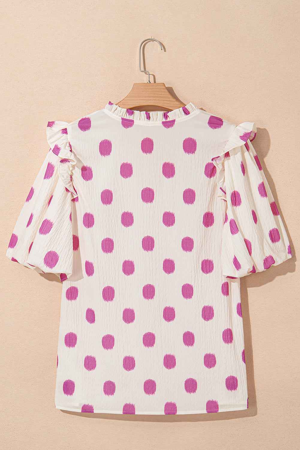 Rose Polka Dot Print Shirred Notched Neck Puff Sleeve Blouse ee8471415fde80cb