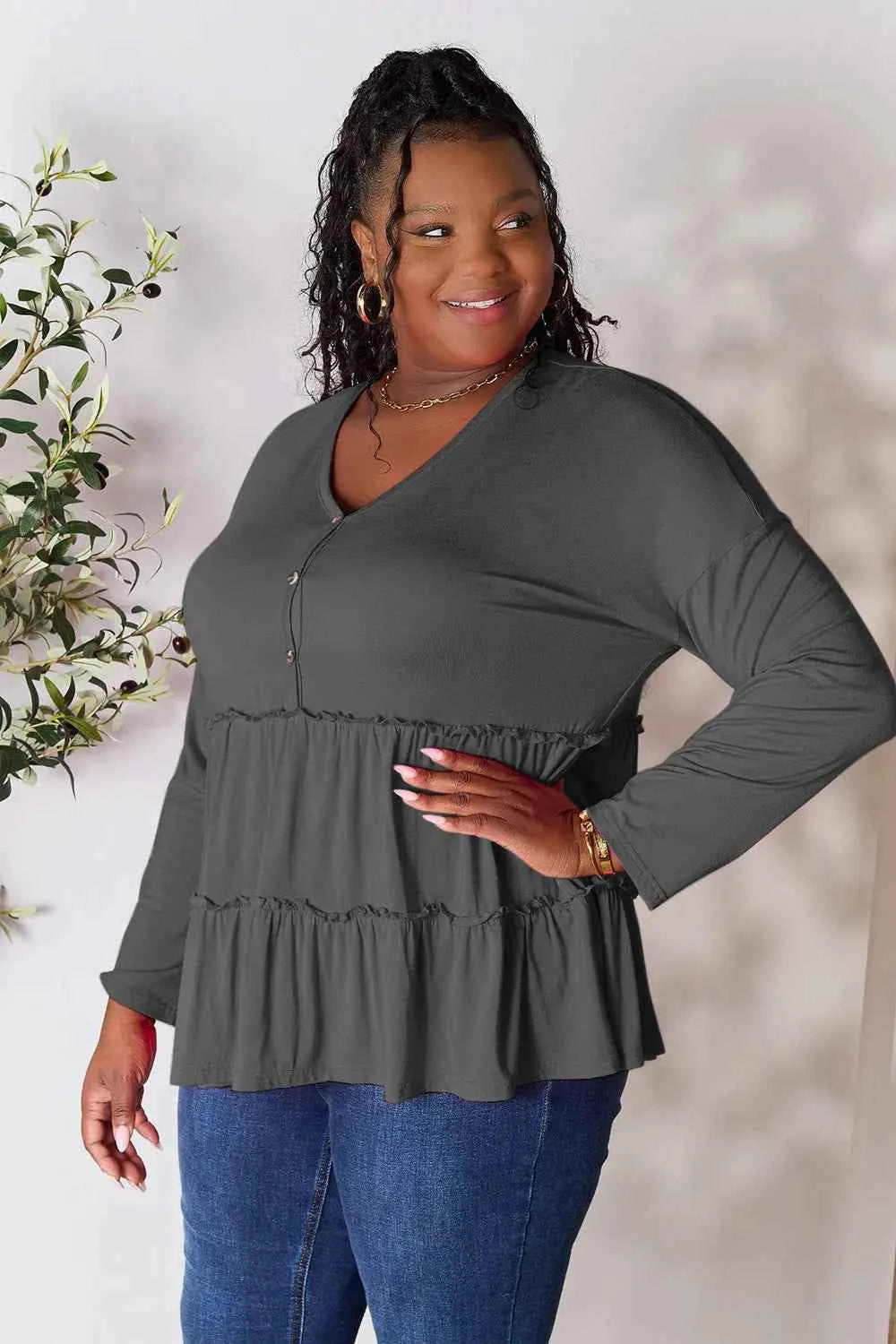 Double Take Half Button Long Sleeve Ruffle Hem Blouse ee96950b4bda433ab4482d410a3b534c-Max