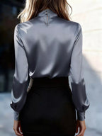 Satin Bow Tie Long Sleeve Blouse ee98a96f3912402ca680f3352ced720e-Max-Origin