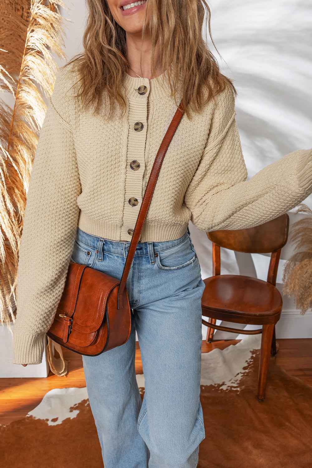 Beige Button Front Cropped Cardigan Sweater ee99f2f33b722b6d