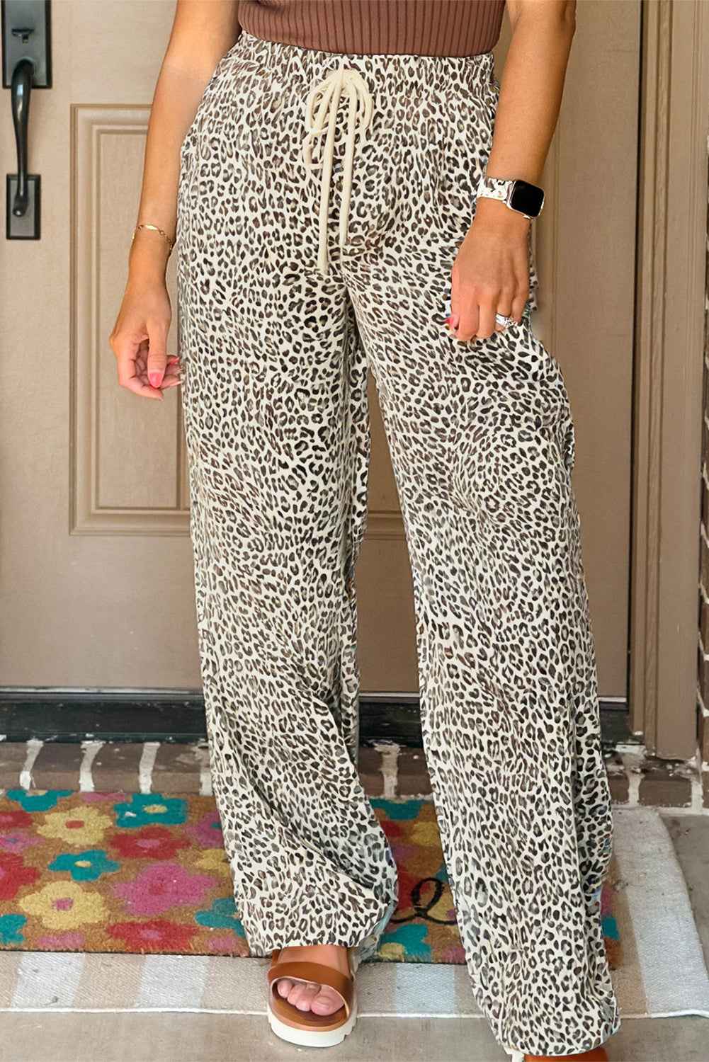 Brown Leopard Drawstring Loose Pants Brown 100%Polyester ee9b9a39e2d114f0