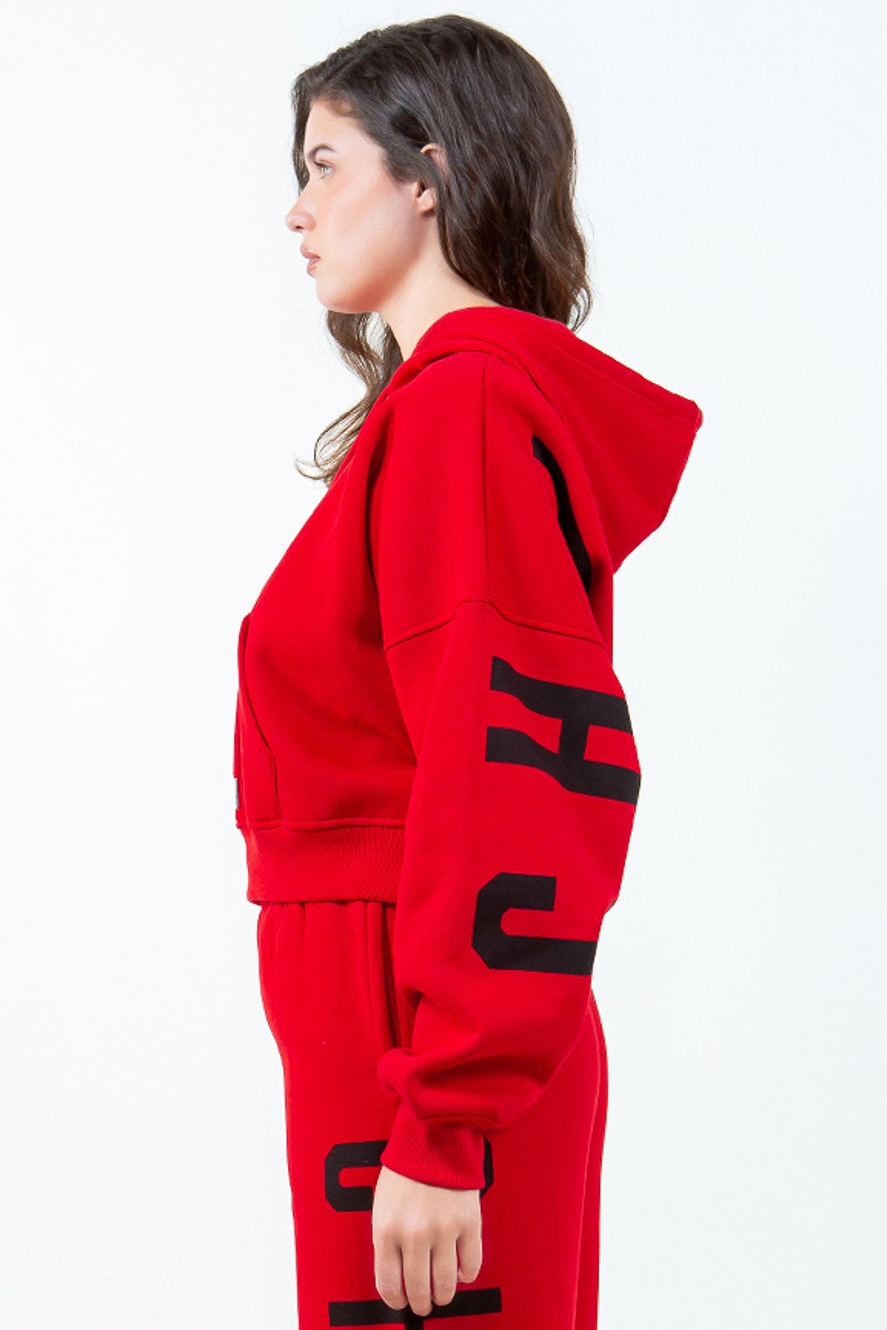American Bazi Letter Graphic Long Sleeve Drawstring Cropped Hoodie eea183a4-c6af-43c3-93a3-563dd9d70c14-Max