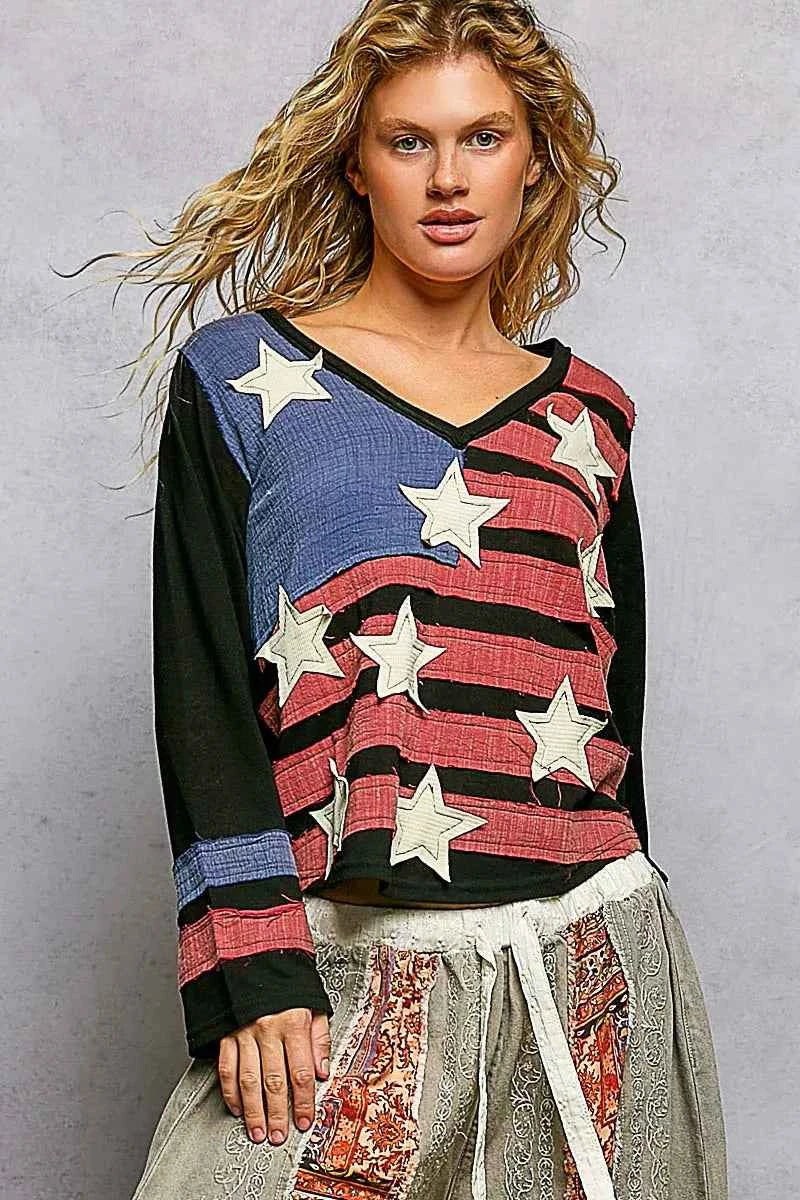 POL Double Gauze American Flag Patch V-Neck Long Sleeve T-Shirt BLACK MULTI eea2c541-3d0f-4f4d-9aa5-ad7825bb5f43-Max-Origin
