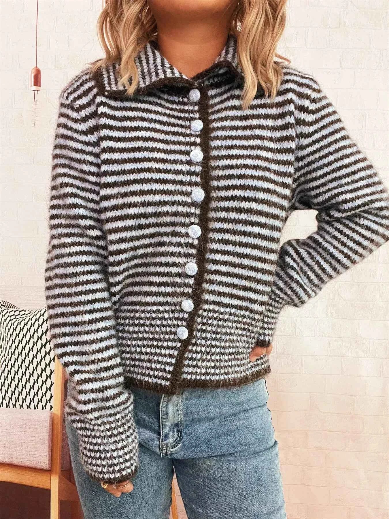 Striped Button-Up Long Sleeve Cardigan Brown One Size eea406d00b034e8aaec21a9c4ebbc36d-Max-Origin
