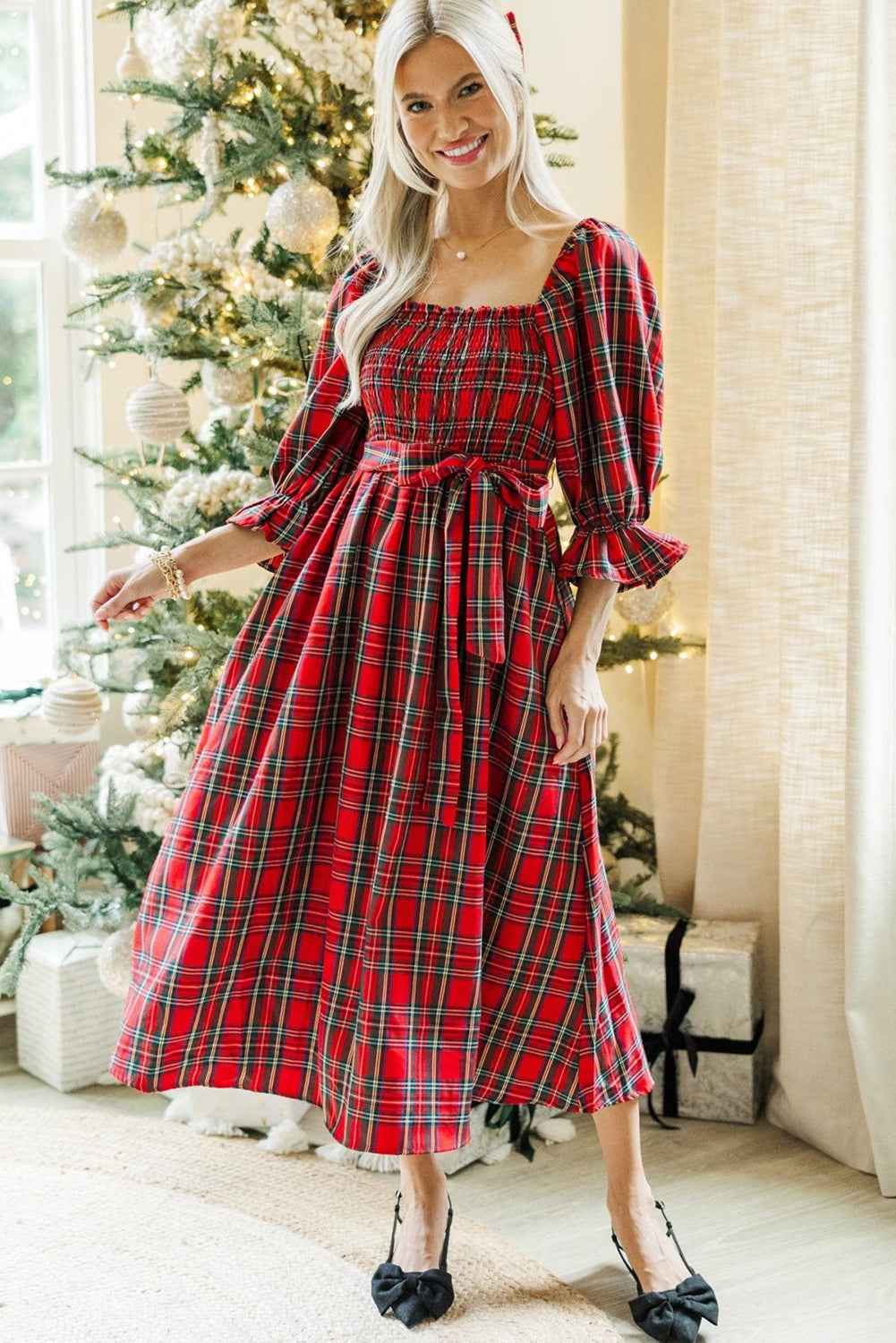 Red Plaid Square Neck Puff Sleeve Bowknot Waist Flared Midi Dress eea49c71dac41ef9