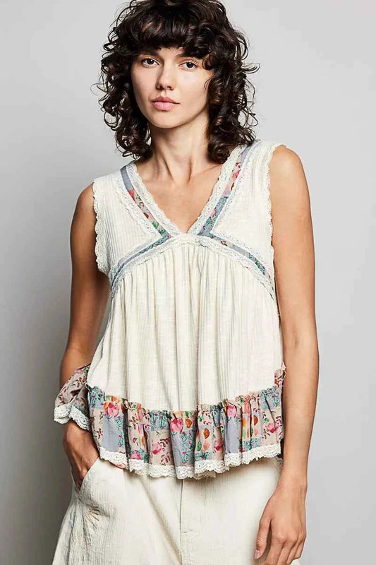 POL Lace Detail Ruffled Ribbed Sleeveless Top with Floral Pattern Trim Detail NATURAL eeadbb0a-4e28-4b54-ade3-b6258ac5b3d7-Max-Origin