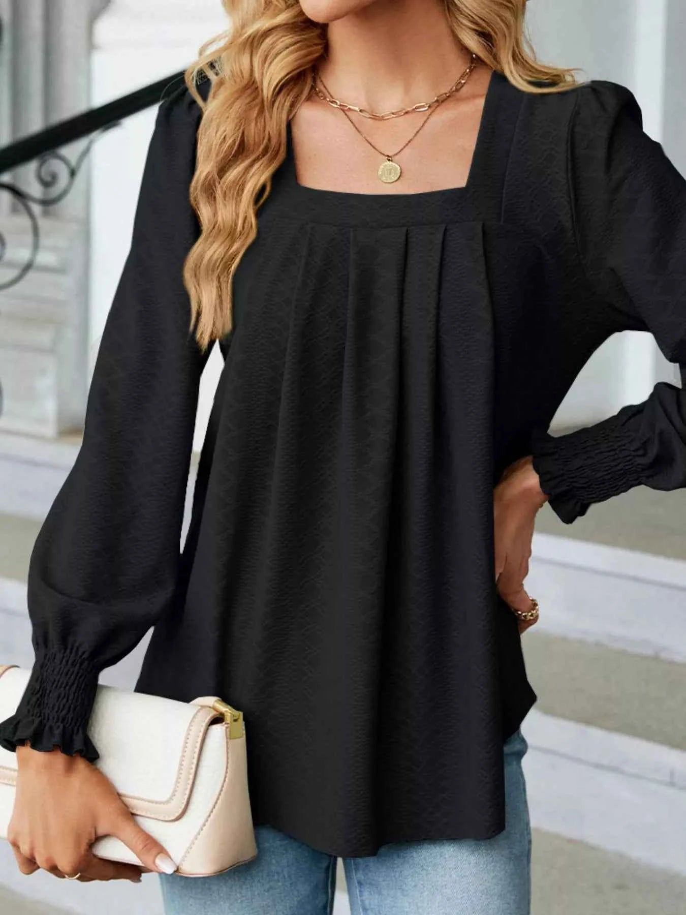 Pleated Square Neck Long Sleeve Top eeb32b0b-a7ea-4edf-b0fe-4e1e9aba41a4-Max-Origin