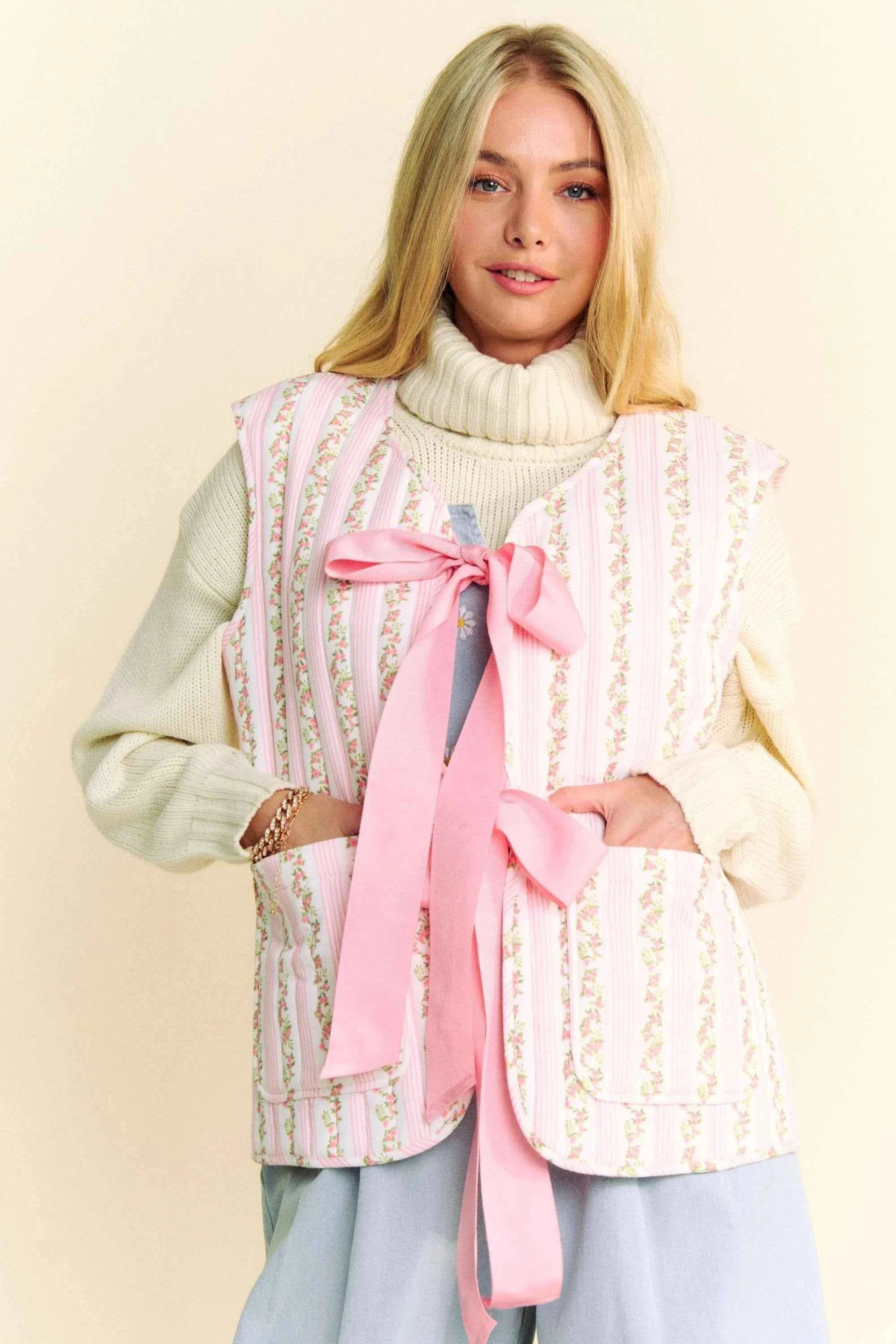 Davi & Dani Quilted Floral Bow Tie Front Padding Vest Jacket PINK eeb7d1b19d724a299241f74eabe00f76-Max-Origin