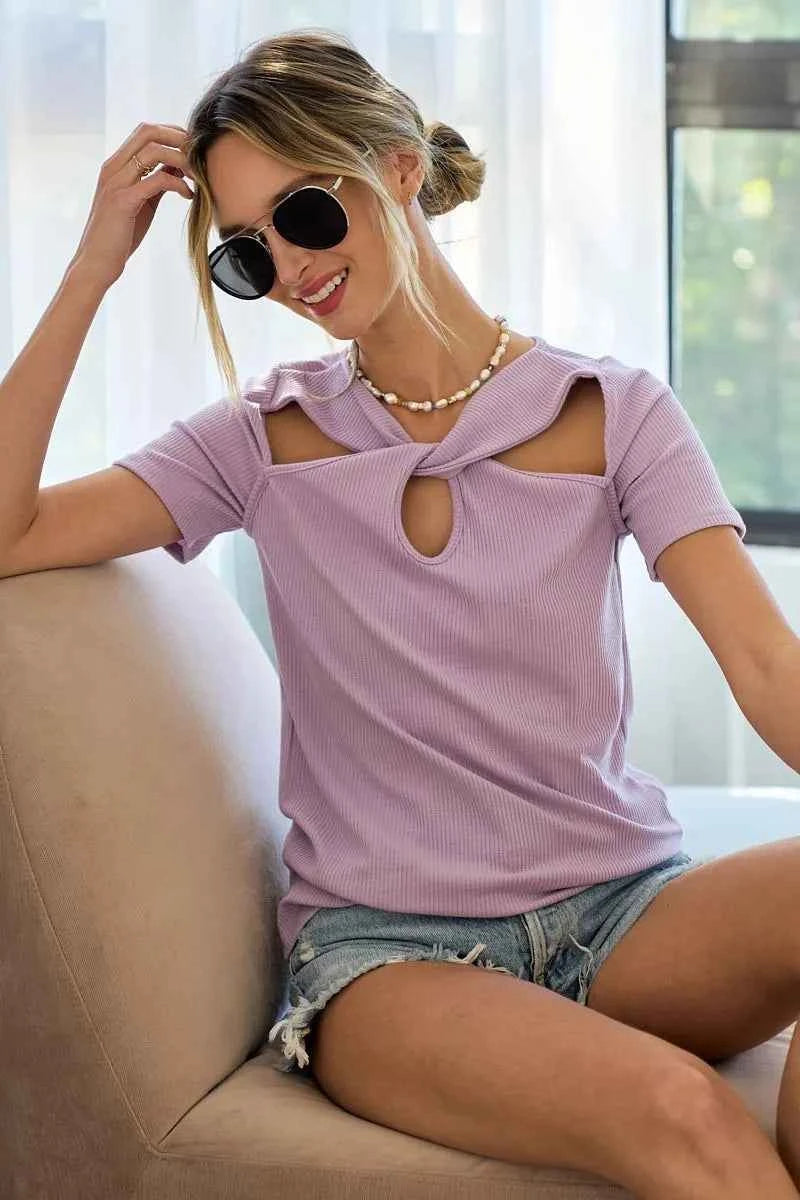 BiBi Rib Knit with Cut Out and Front Twist Detailed Top LAVENDER eebdd61a264848ada09f9ac51bb47d68-Max-Origin
