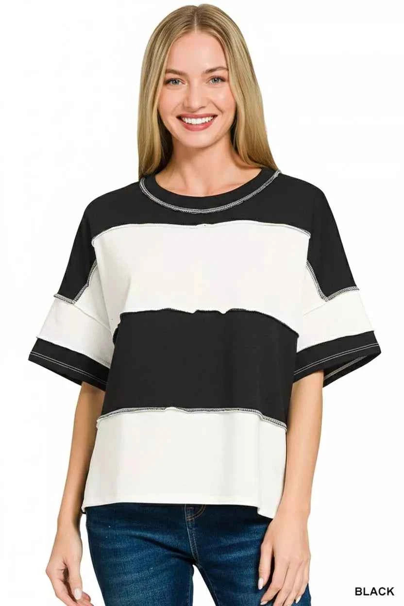 Zenana French Terry Color Block Exposed Seam Top eebf9bff-85b1-49cd-8705-9b6b20d33203-Max-Origin