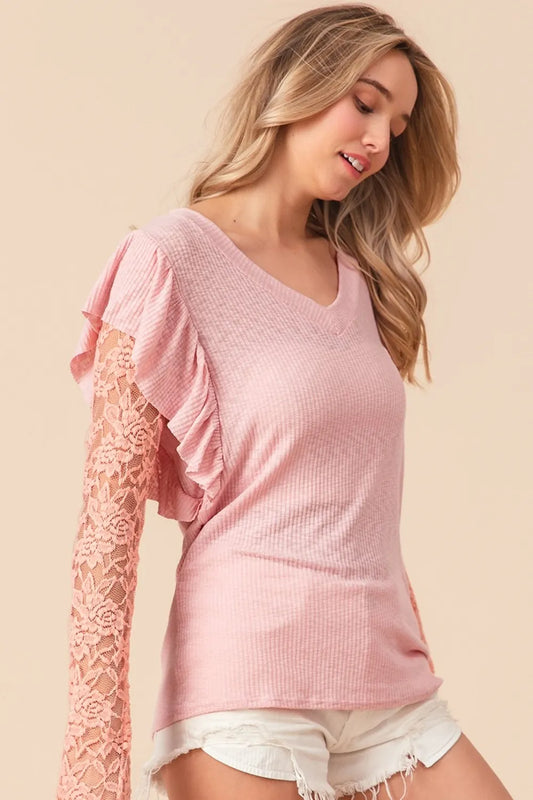 Ruffled Lace Sleeve Rib Knit Top eec655f1-0c96-4f9d-97bd-7324fb5fc0e6-Max