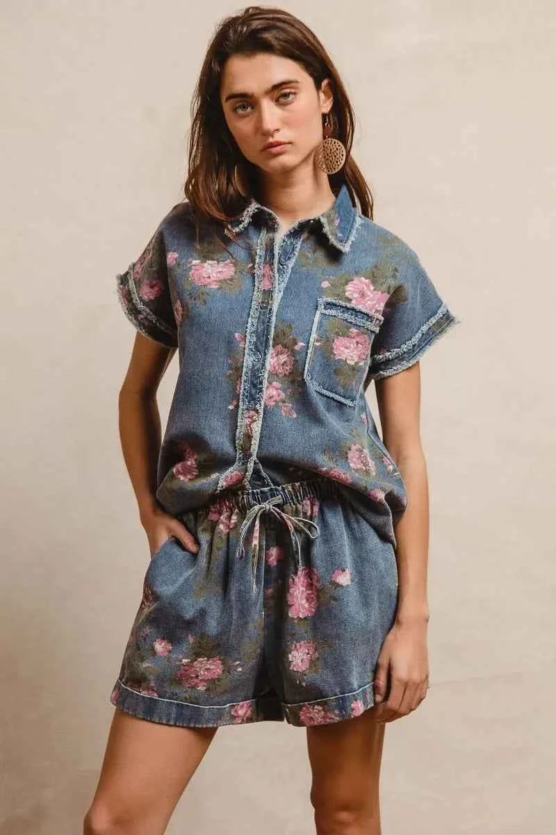 BiBi Floral Printed Denim Short Pants With Pocket eec6bbcedc634990ba8cf1730cec80fa-Max-Origin