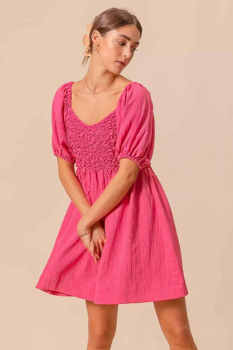 SO ME Textured Woven Daily Dress with Puff Sleeves eec98c25-66f7-4d48-b36f-855de1912072-Max-Origin