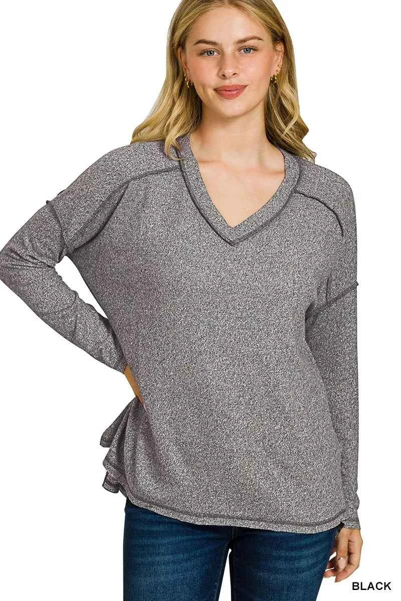 Zenana Soft Melange Hacci Exposed Seam Hi-low Tee BLACK eeca3ac4dfa745879a8d266969ddf169-Max-Origin