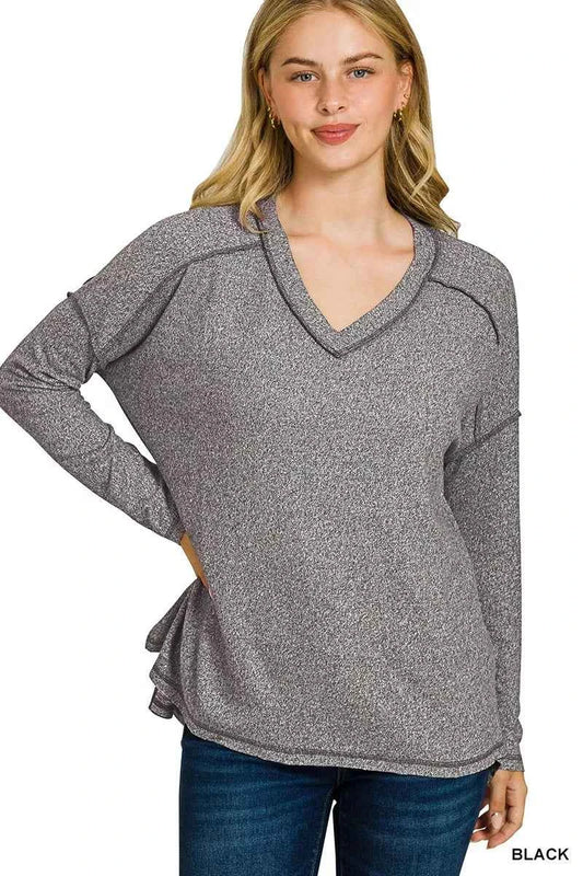Zenana Soft Melange Hacci Exposed Seam Hi-low Tee BLACK eeca3ac4dfa745879a8d266969ddf169-Max-Origin