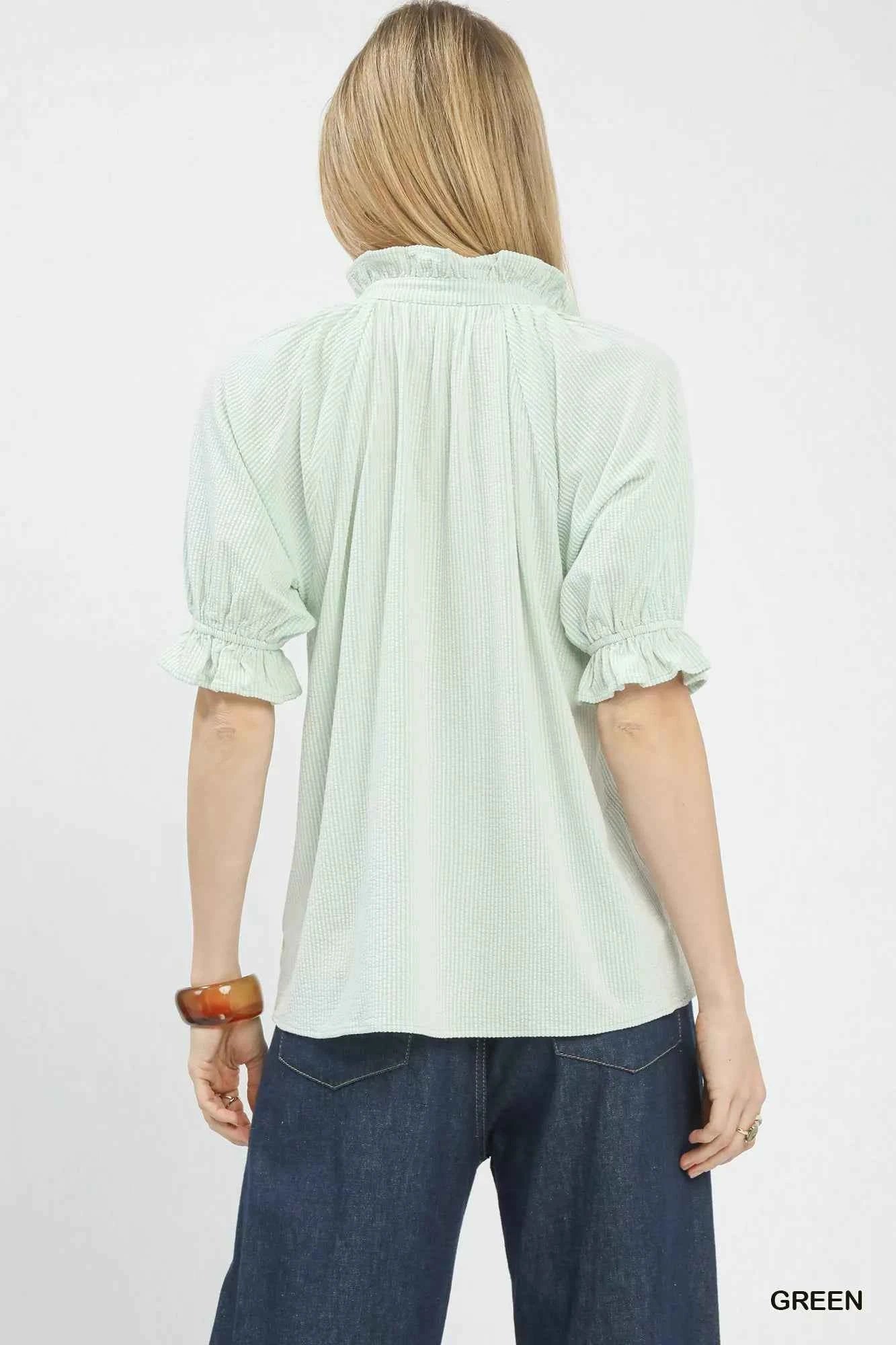 Umgee Textured Ruffle Sleeve V-Neck Top