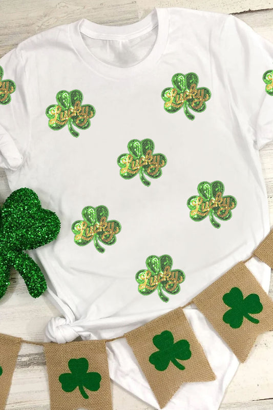 White Sequin Lucky Clover Patched Casual Round Neck Tee eecaff1d9016be9f