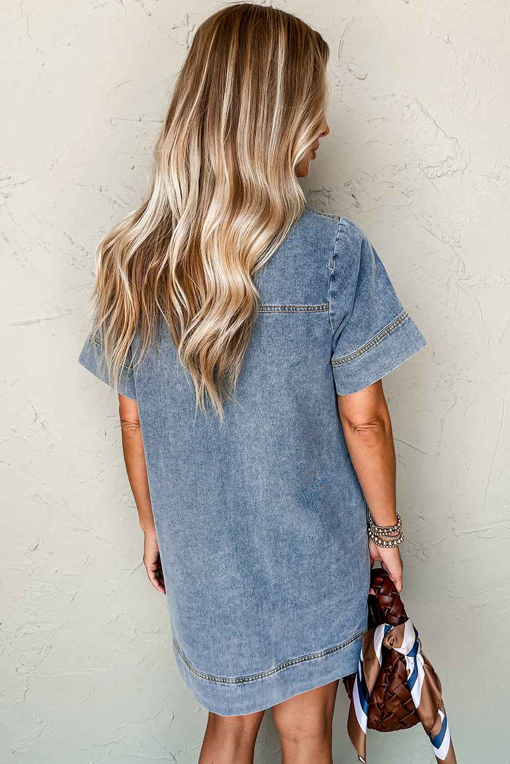 Blue Short Sleeve Collared Chest Pocket Denim Mini Dress eeccfdb61109456c