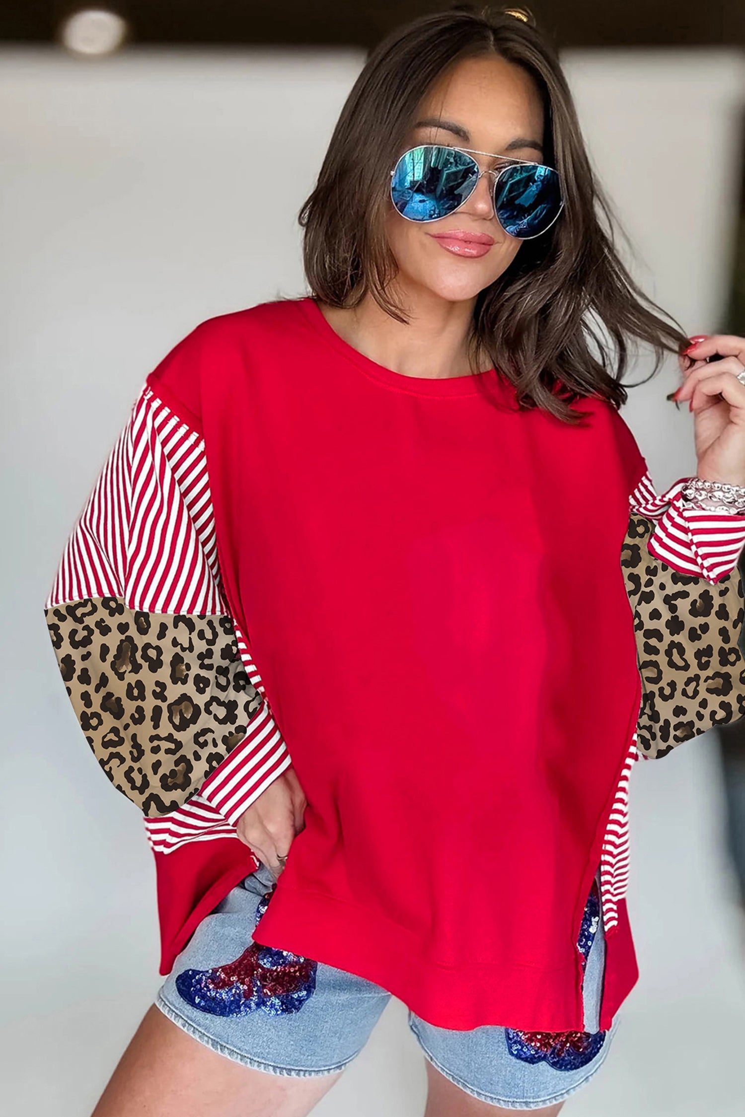 Racing Red Striped Patchwork Sleeve Colorblock Sweatshirt eece481f7dbbb580