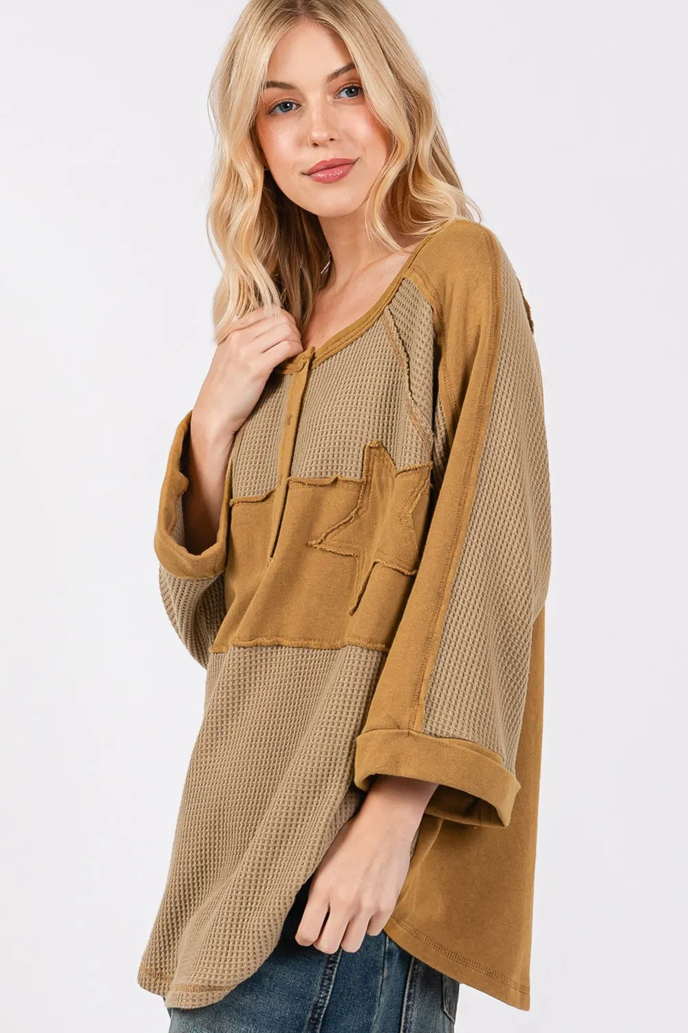 SAGE + FIG Star Applique Patch Exposed Seam Waffle Knit Top eeced759-227d-466f-9a54-ae9b12d2a336-Max