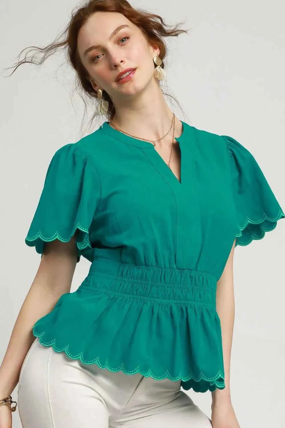 Umgee Scalloped Edge Flutter Sleeve Blouse Turquoise eed50c35-dd52-4ce3-b2fd-d7f42386df1b-Max-Origin
