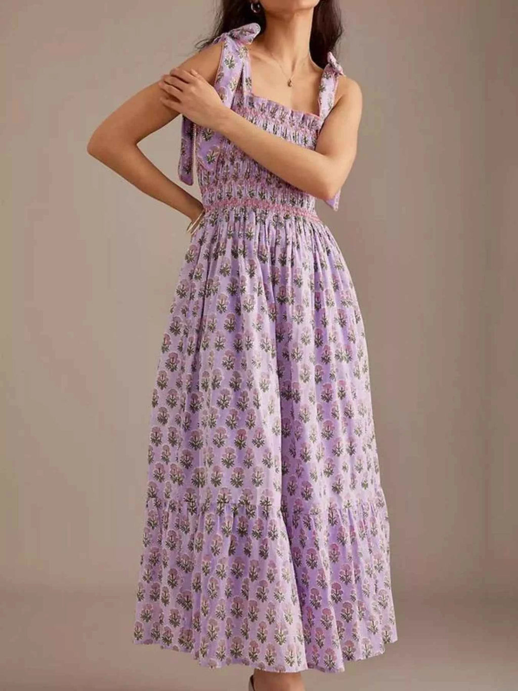 Floral Smocked Tie-Shoulder Midi Dress Lilac eed8fd16-7912-4bbf-9443-ad1e754a8c3b-Max-Origin