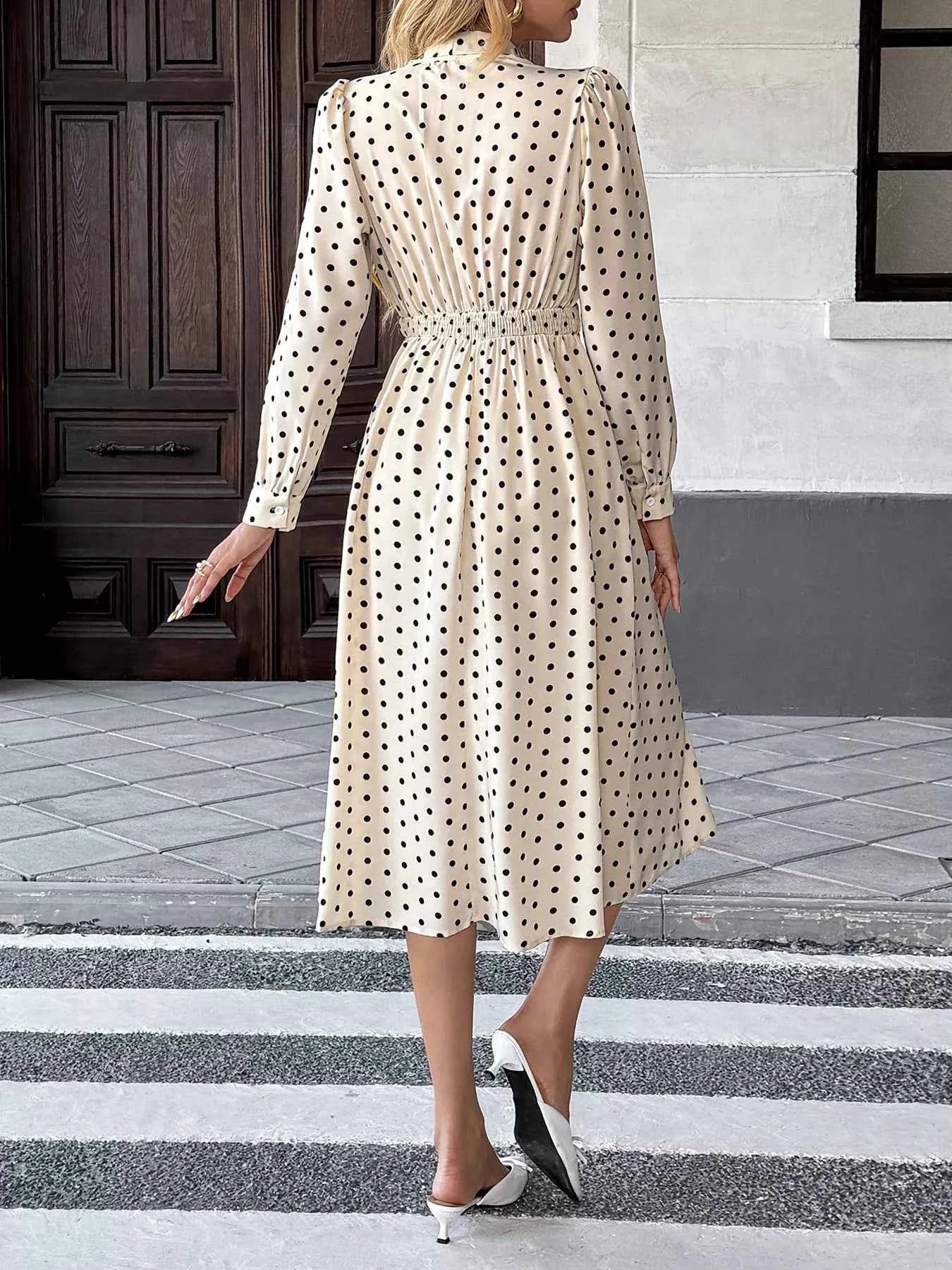 Polka Dot Tie Front Long Sleeve Midi Dress eed98d374315426583b5faf975c1e2eb-Max-Origin