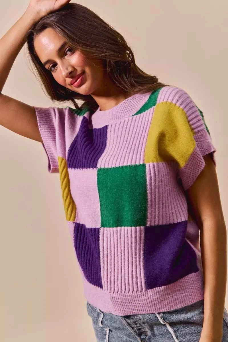 SO ME Mardi Gras Check Plaid Casual Sweater Top eed9a99aea434659915bfb940e933562-Max-Origin