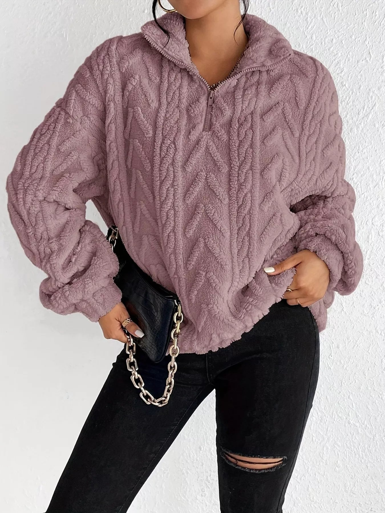 Quarter Zip Dropped Shoulder Sherpa Sweatshirt eeda407be0334327b12df662e4ccf8a1-Max-Origin