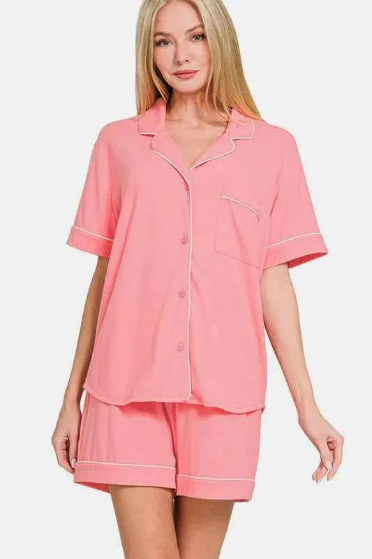 Zenana Button Down Short Sleeve Top and Shorts Lounge Set DK PINK eedba051-4f64-440d-95e7-08052058e8ee-Max