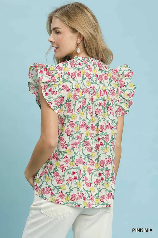 Floral Print Ruffle Cap Sleeve Shirt eedbc6ec-2957-424b-9058-e637e141938a-Max-Origin