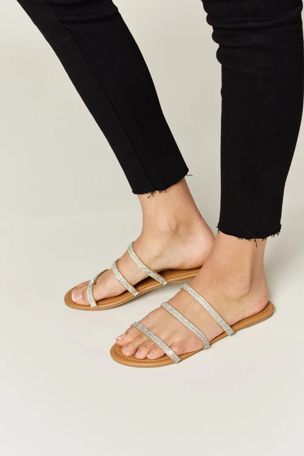 WILD DIVA Rhinestone Three-Strap Flat Sandals eeddf550-5479-477d-b8ee-09a0c9b7d313-Max
