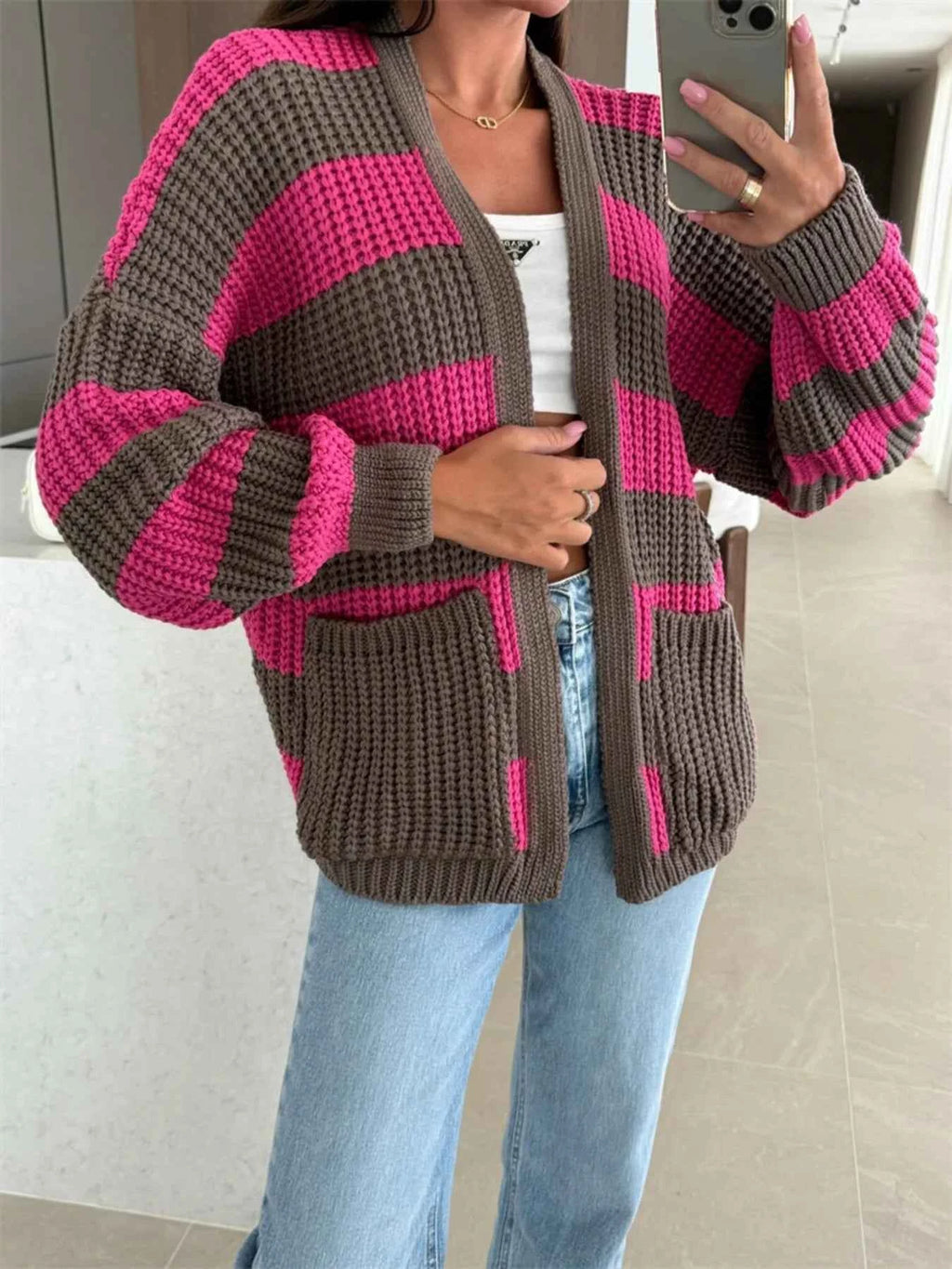 Striped Open Front Long Sleeve Cardigan eee103b26ac84c4b95a829637f0d21db-Max-Origin