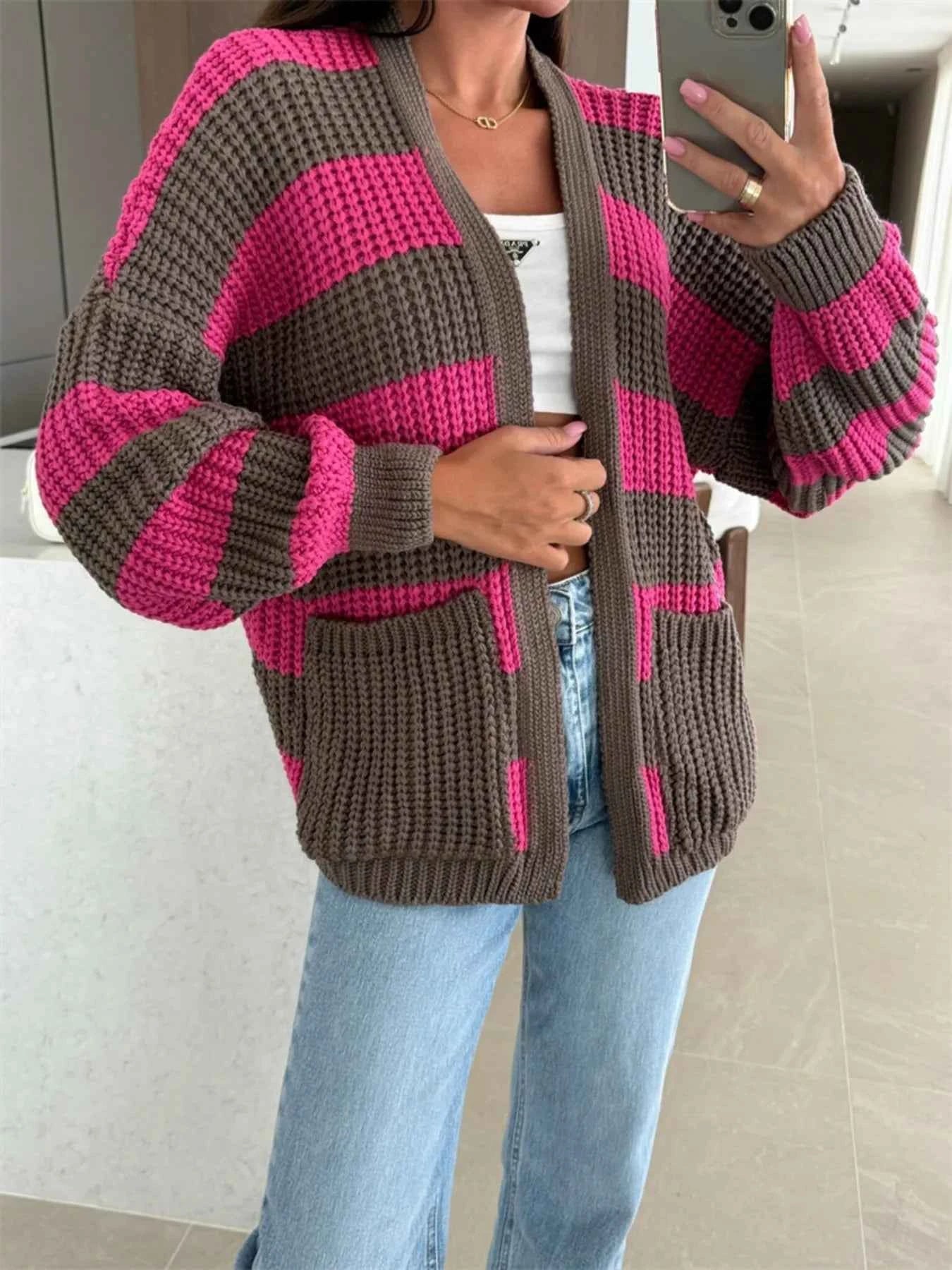 Striped Open Front Long Sleeve Cardigan eee103b26ac84c4b95a829637f0d21db-Max-Origin