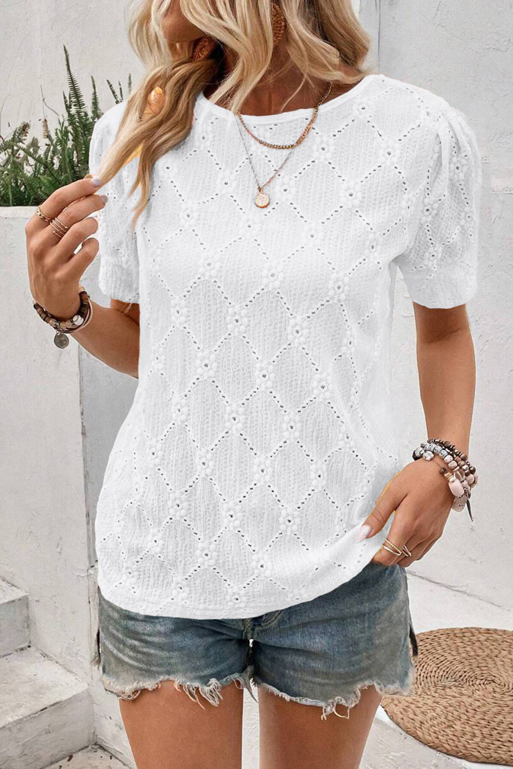 White Embroidered Floral Geometric Button Short Sleeve Top eee17c604a0417af