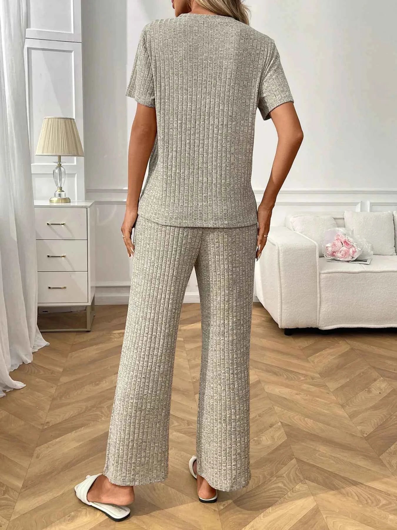 Ribbed Knit Short Sleeve Top and Pants Lounge Set eee3a5dfd2bb42c78ee05896c448e8c3-Max-Origin