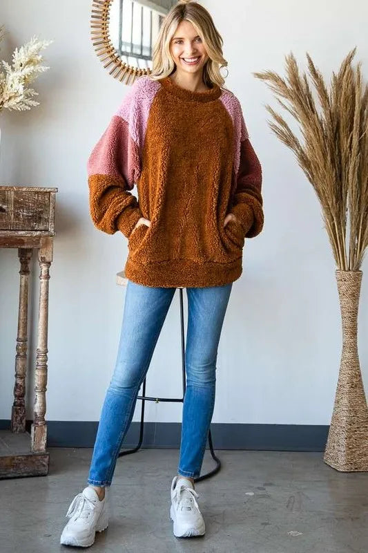 Culture Code Color Block Faux Fur Raglan Sleeve Sweatshirt eee4a2a2-998b-4ac4-b6f3-a71fb1eb475f-Max