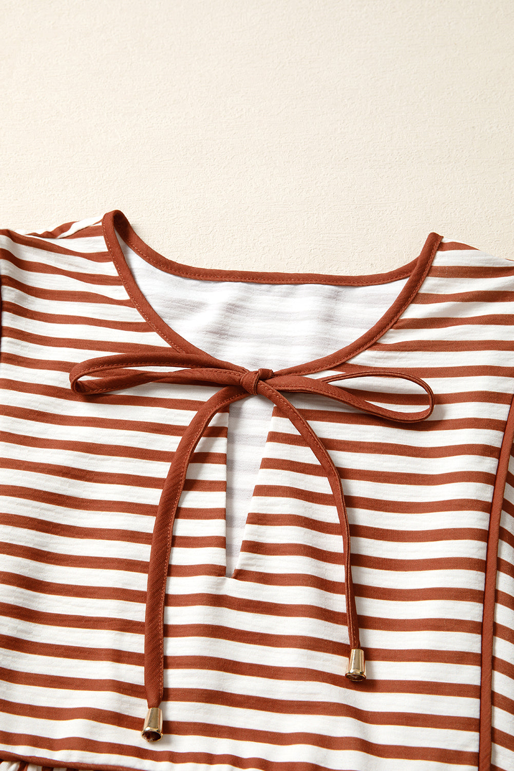 Brown Striped Drawstring V Neck Blouse eee6e11a79c9e3e0