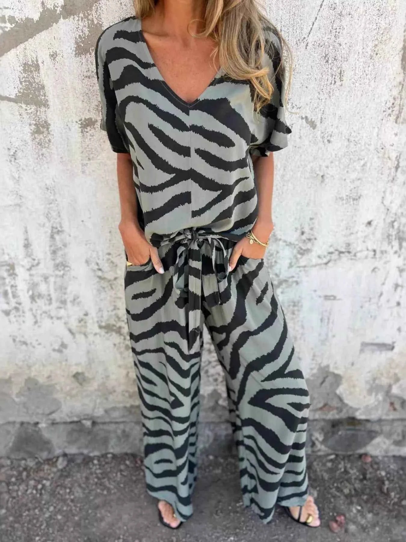 Zebra Print V-Neck Top and Pants Set Olive Green eeeae459-4a9f-48bd-837e-5d3c3f3cb222-Max-Origin