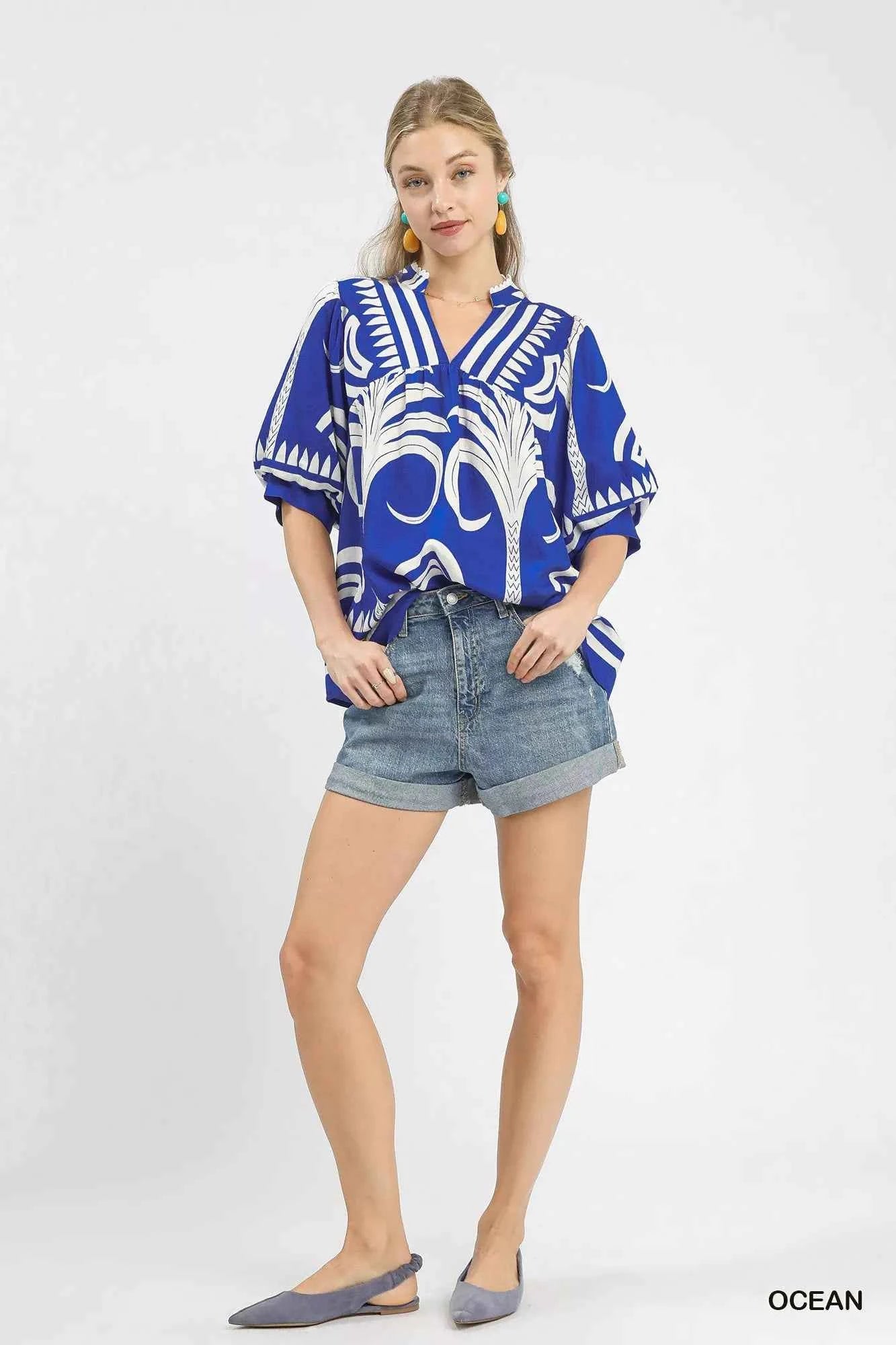 Umgee Folk Art Palm Print Puff Sleeve Blouse eeee0c5a-e21d-45e4-84f6-b7f9bb760110-Max-Origin