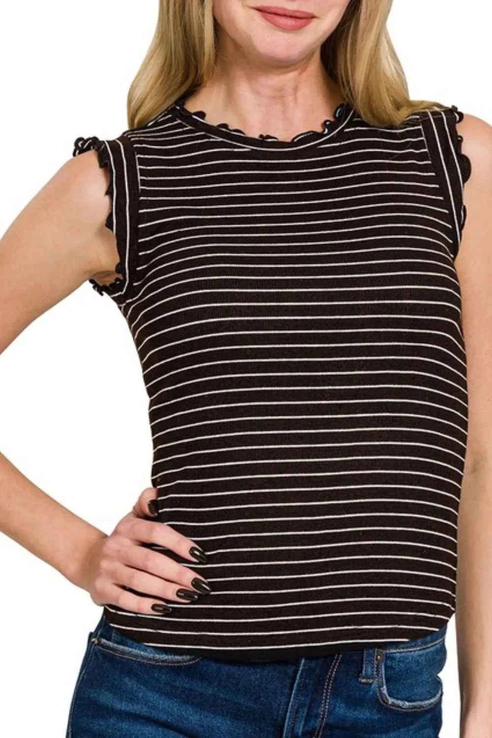 Zenana Ribbed Ruffle Trim Sleeveless Stripe Top eef034dc-56e4-4a24-b1be-578c34d184d2-Max-Origin