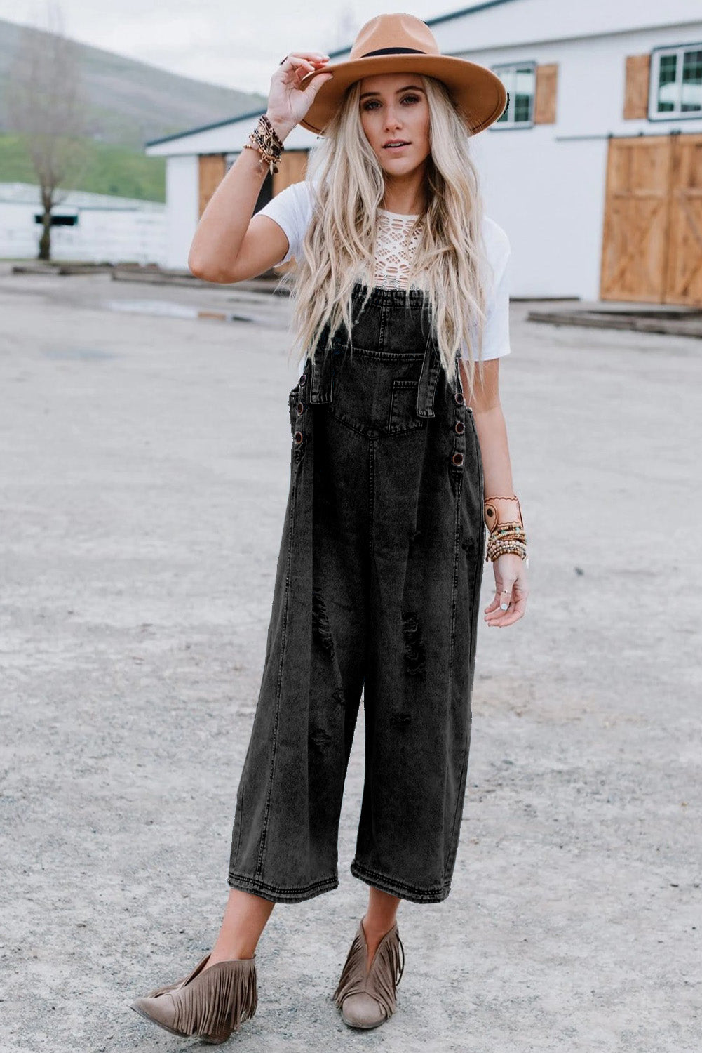 Black Distressed Bib Pocket Wide Leg Denim Overall eef2bd72647f1696