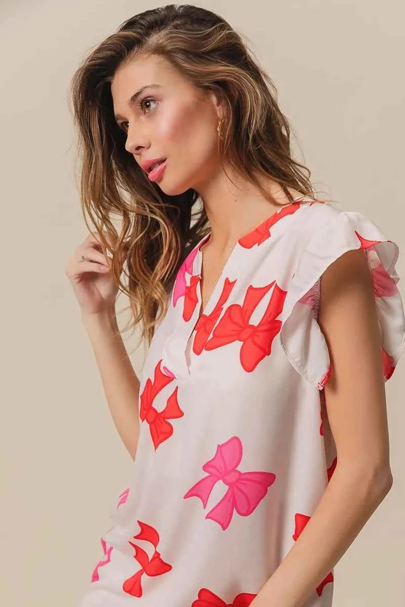 Bow Printed Woven Ruffled Sleeves V Neck Top IVO RED FUCHSIA eef41827108940ad97e16be162ccfc02-Max-Origin
