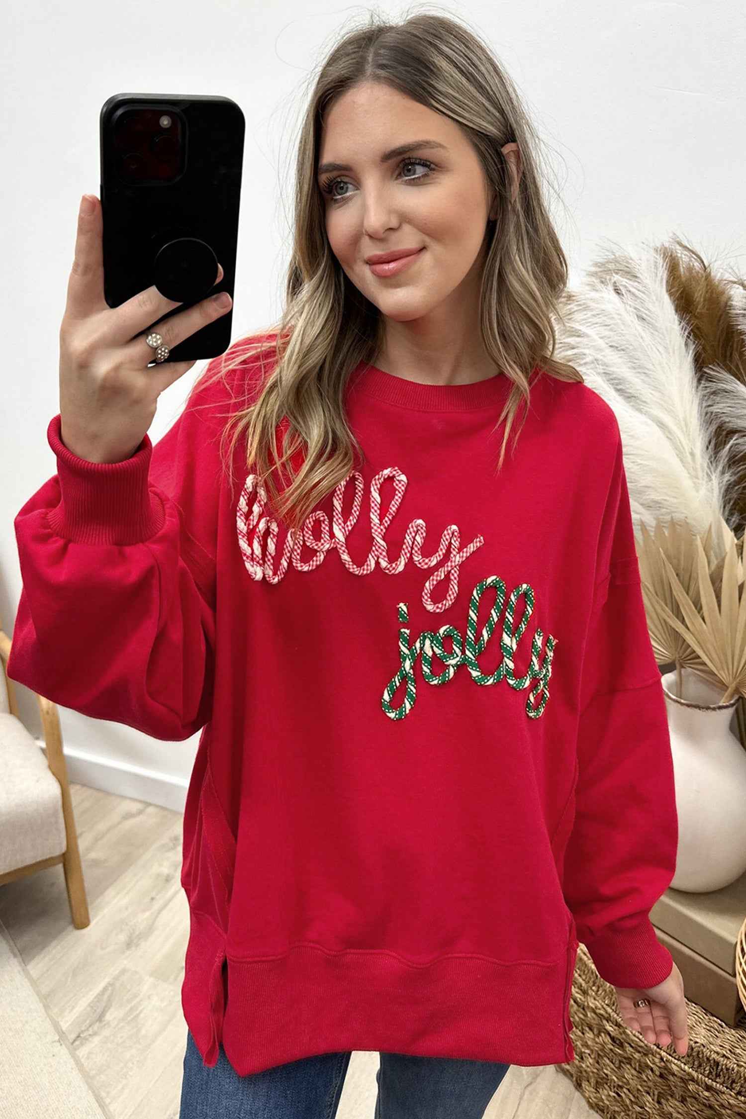 Racing Red Holly Jolly Embroidered Graphic Baggy Sweatshirt eef4ba2fb4596332