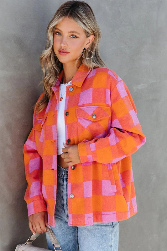 Orange Plaid Chest Pockets Button-up Turn Down Collar Jacket eef538b6c723d4f3
